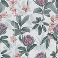 White ceramic Exotic Paradise 16 tile panel with soft pink blossoms and deep green leaves floral pattern