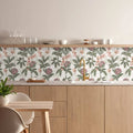 Exotic paradise 16 tile panel featuring floral-patterned ceramic kitchen backsplash tiles with pink and green botanical designs on a light background