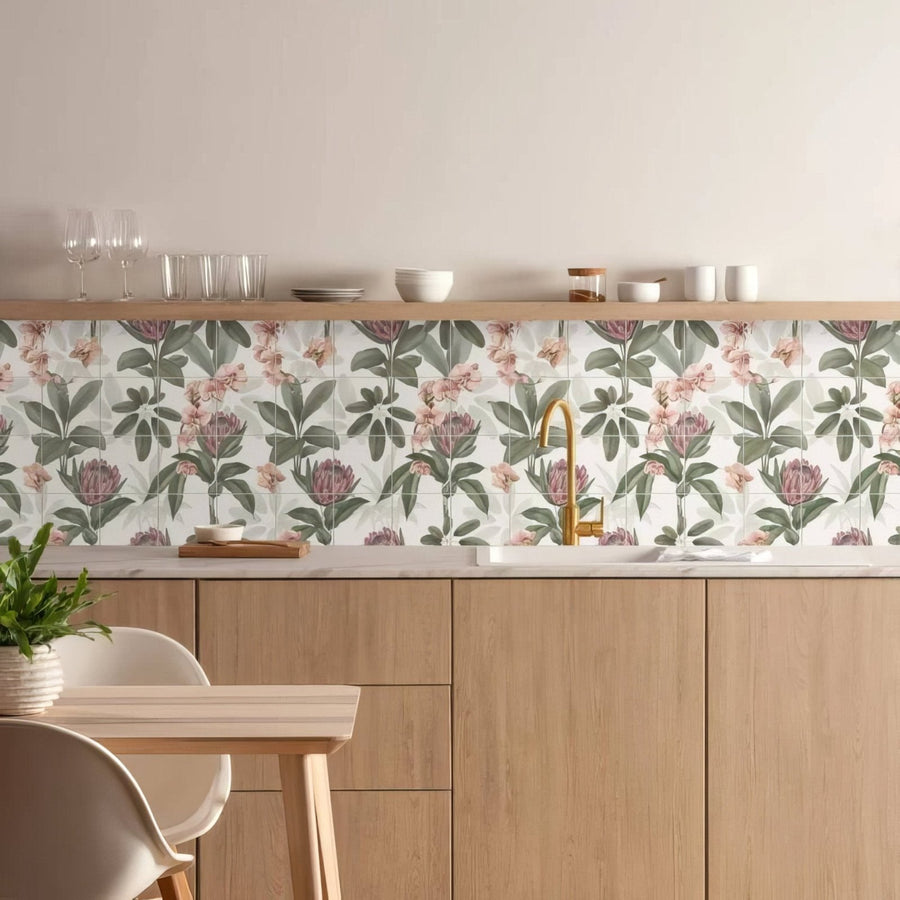 Exotic paradise 16 tile panel featuring floral-patterned ceramic kitchen backsplash tiles with pink and green botanical designs on a light background