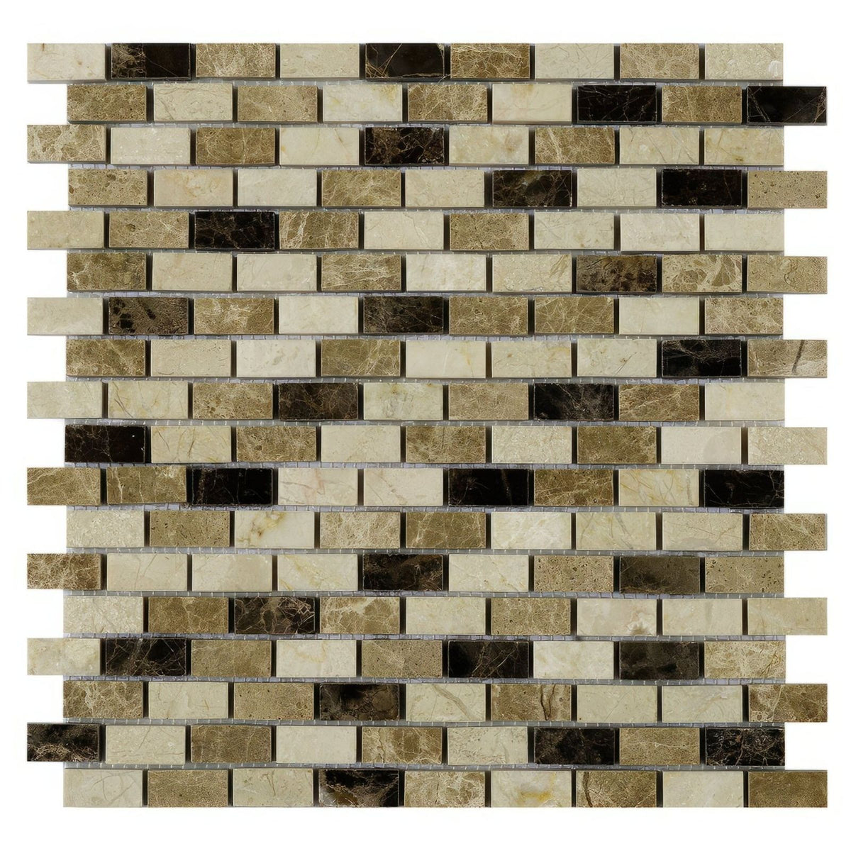 Expresso polished marble mosaic panel with brick-patterned beige and dark brown marble tiles featuring natural veining