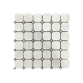 Tumbled dolomite marble octagon mosaic sheet in bright white with softened corners and pale grey veining