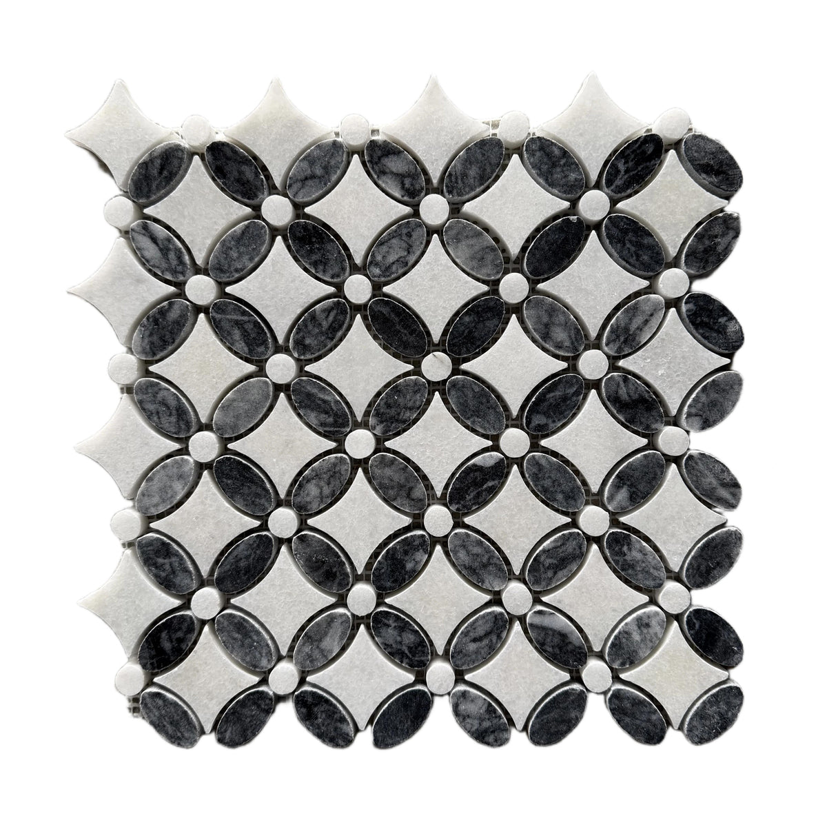 Carrara white and Platinum Black polished marble flower mosaic sheet in high contrast