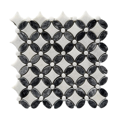 Carrara White - Platinum Black Polished Marble Flower Mosaic Wall & Floor Tile - thumbnail 3