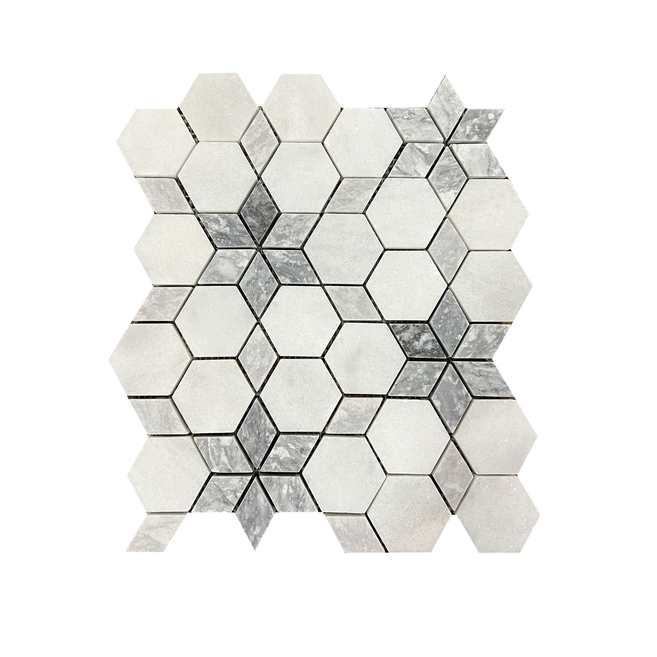 Full mesh-backed sheet of honed Carrara White and Platinum Grey marble starline mosaic