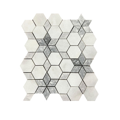 Full mesh-backed sheet of honed Carrara White and Platinum Grey marble starline mosaic
