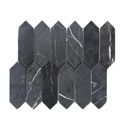 Full mesh-backed sheet of honed Nero Marquina black marble picket mosaic