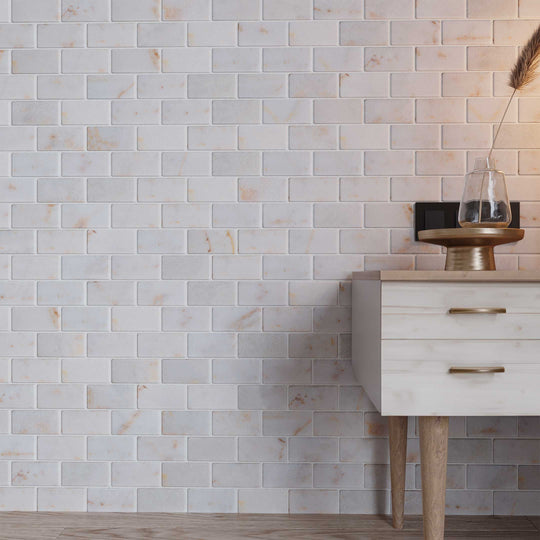 Calacatta Sugar Tumbled Marble Brick Mosaic Wall & Floor Tile