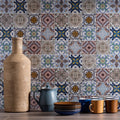 Fable Patterned Mosaic vintage-style patterned ceramic mosaic with a tall beige ceramic bottle