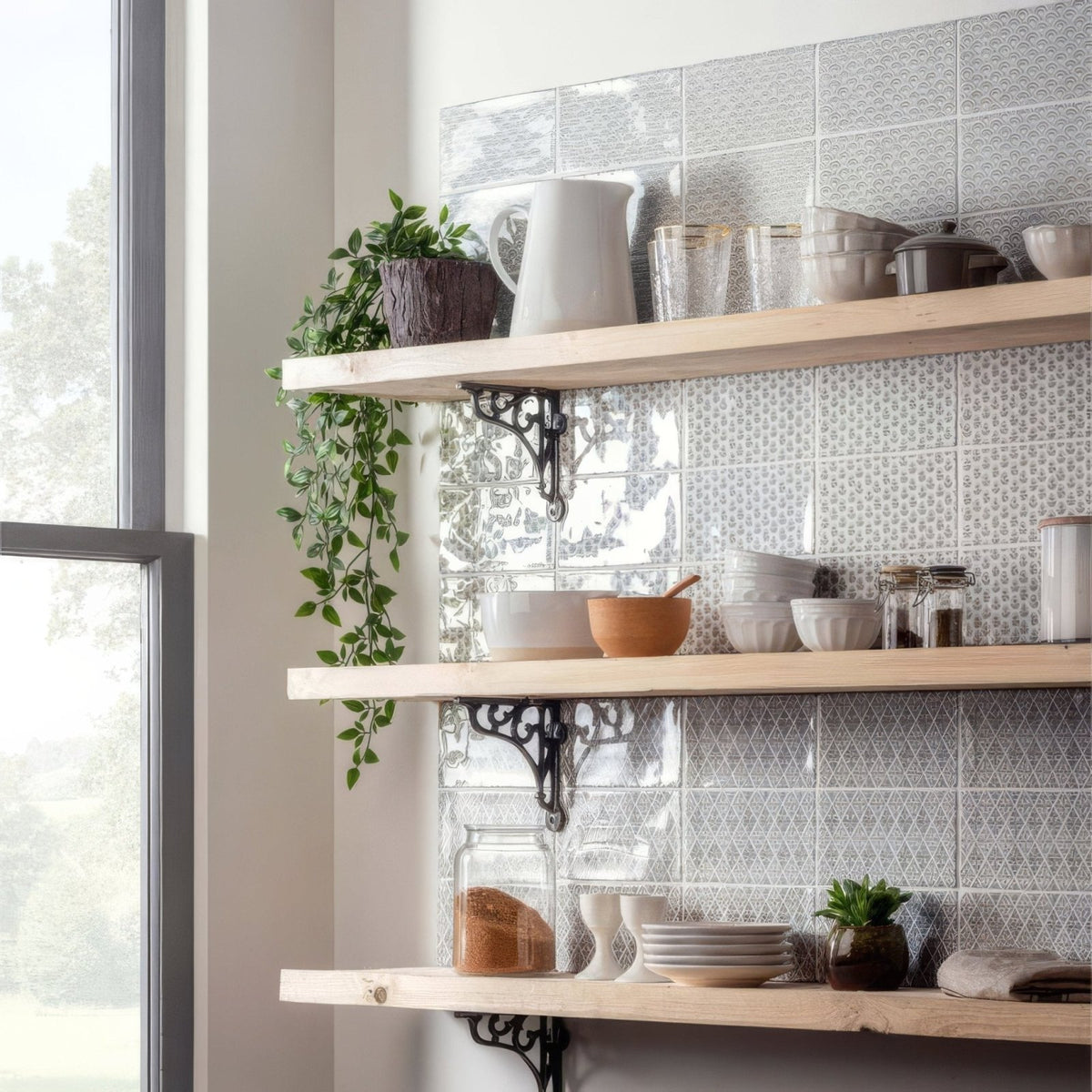 Light wood floating shelves with ornate black metal brackets in fabrique coraline dove grey finish