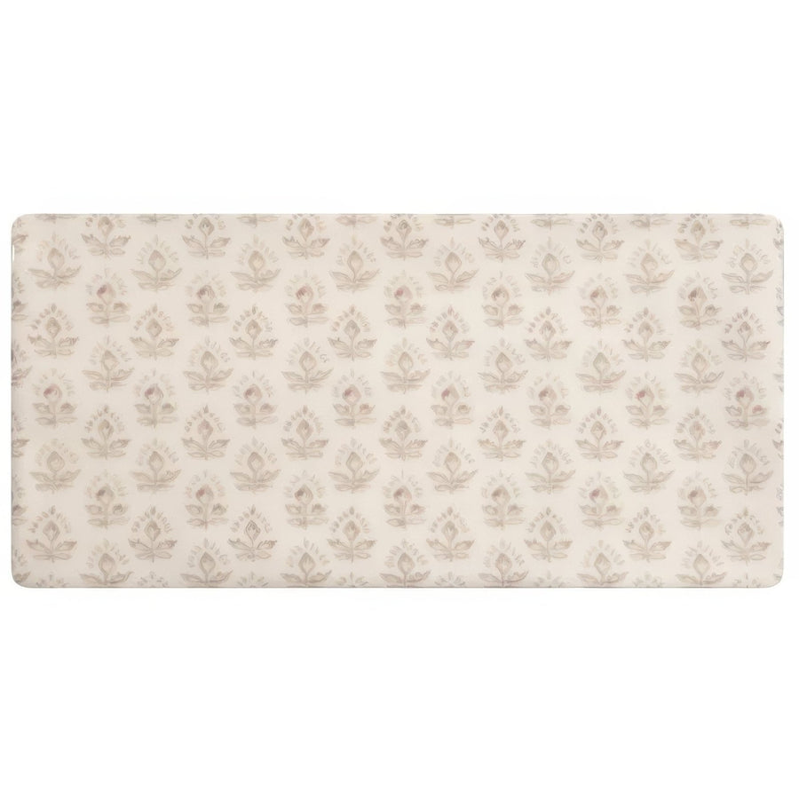 Beige rectangular Fabrique Picot mat with a repeating damask floral pattern in soft taupe and cream tones
