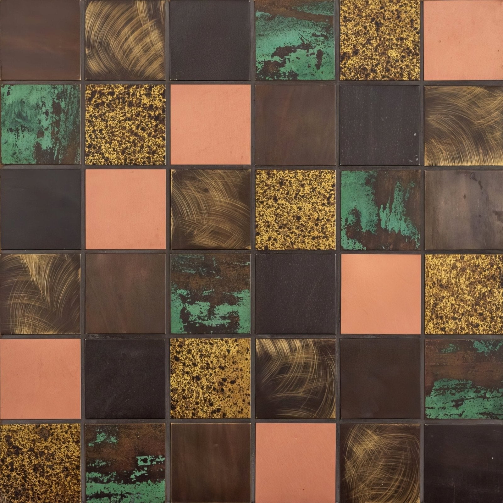 Falkus mixed copper mosaic tile panel with distressed copper matte black and speckled gold tiles with teal patina accents