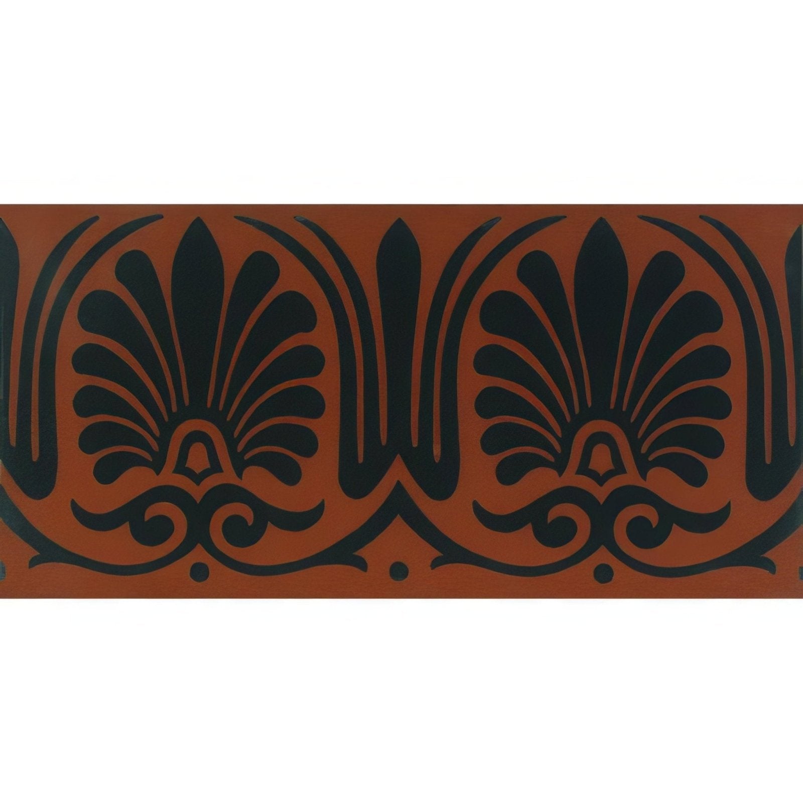 Terracotta ceramic tile faraday border black on red with repeating black ornamental acanthus leaves and scrollwork pattern
