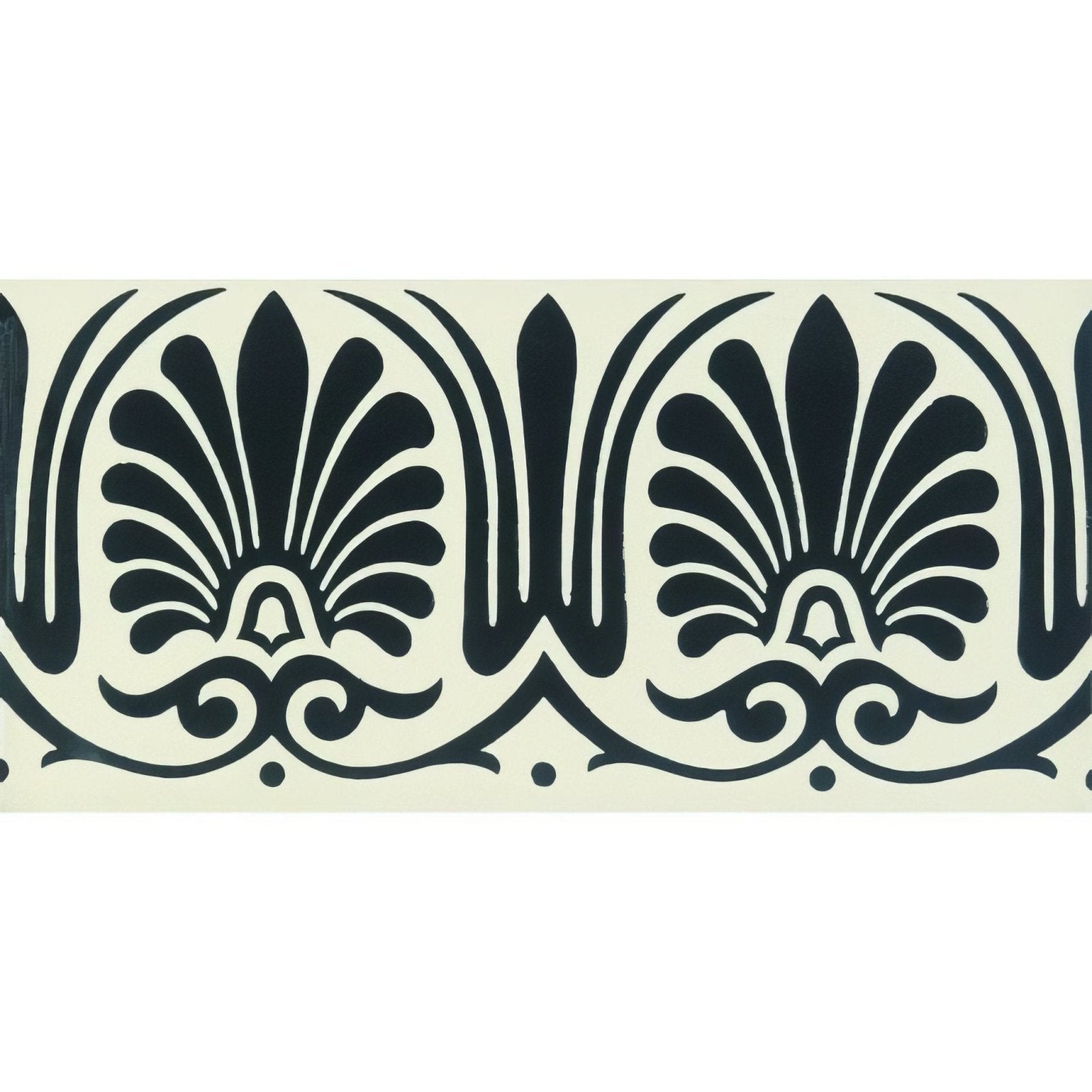 Faraday border black on white decorative border with symmetrical fan-shaped motifs and swirling flourishes in black and cream