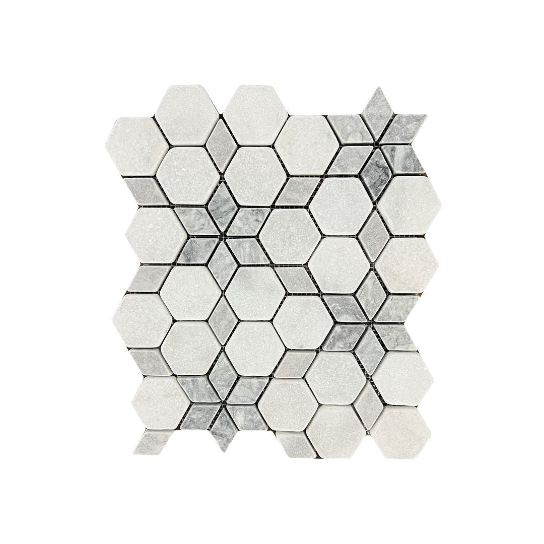 Full sheet of Carrara white and platinum grey tumbled marble starline mosaic laid flat