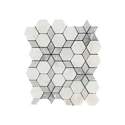 Full sheet of Carrara white and platinum grey tumbled marble starline mosaic laid flat