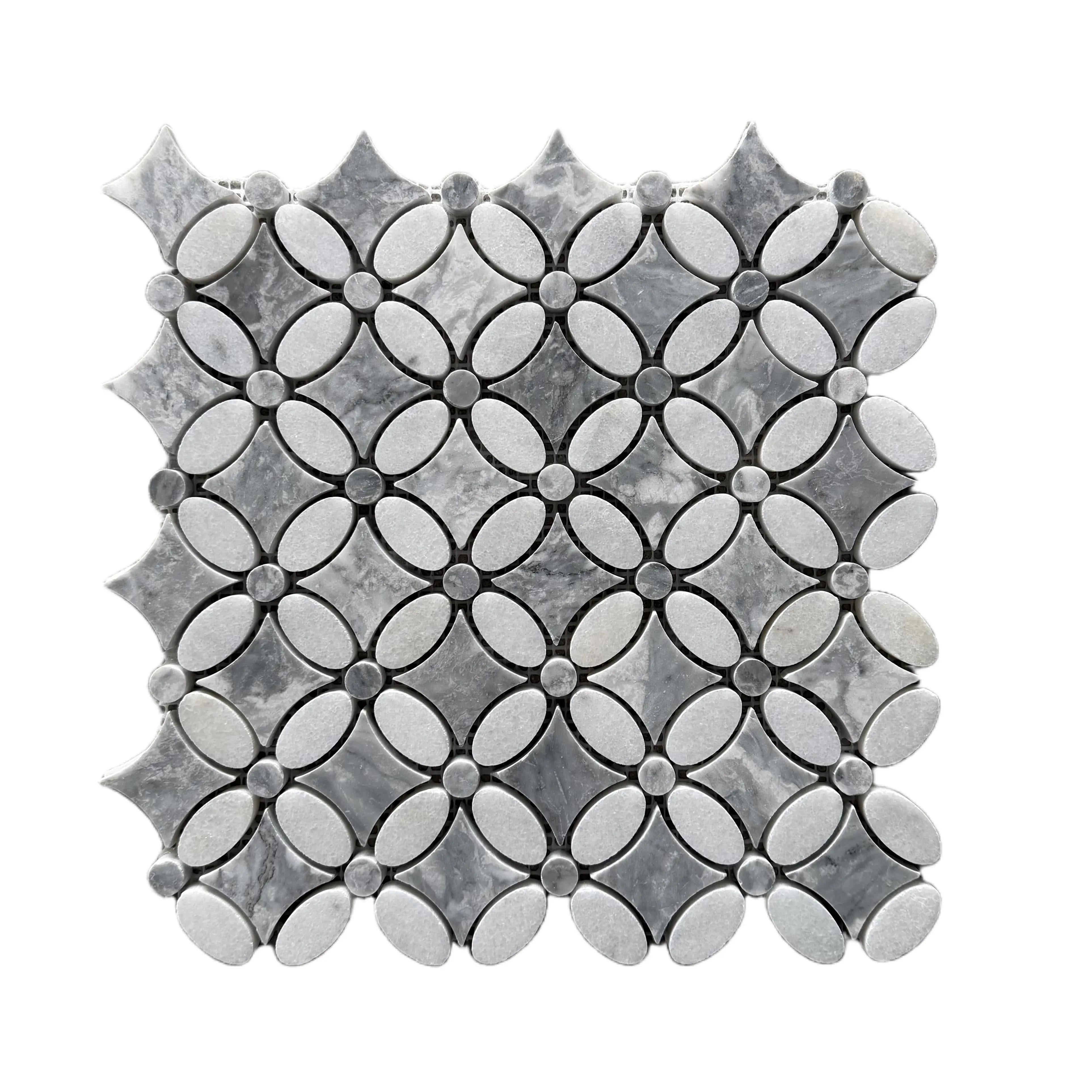 Full mesh-backed sheet of polished Carrara White and Platinum Grey marble flower mosaic