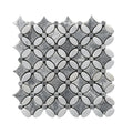 Full mesh-backed sheet of polished Carrara White and Platinum Grey marble flower mosaic