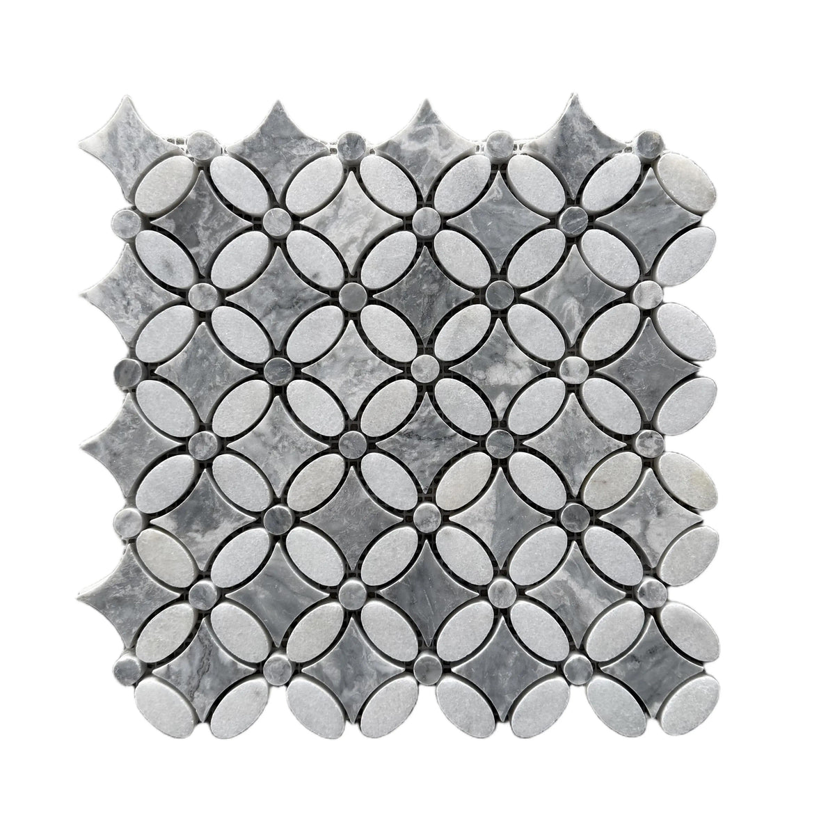 Full mesh-backed sheet of polished Carrara White and Platinum Grey marble flower mosaic