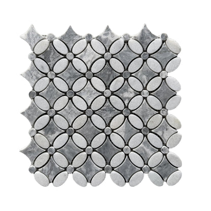 Full mesh-backed sheet of polished Carrara White and Platinum Grey marble flower mosaic
