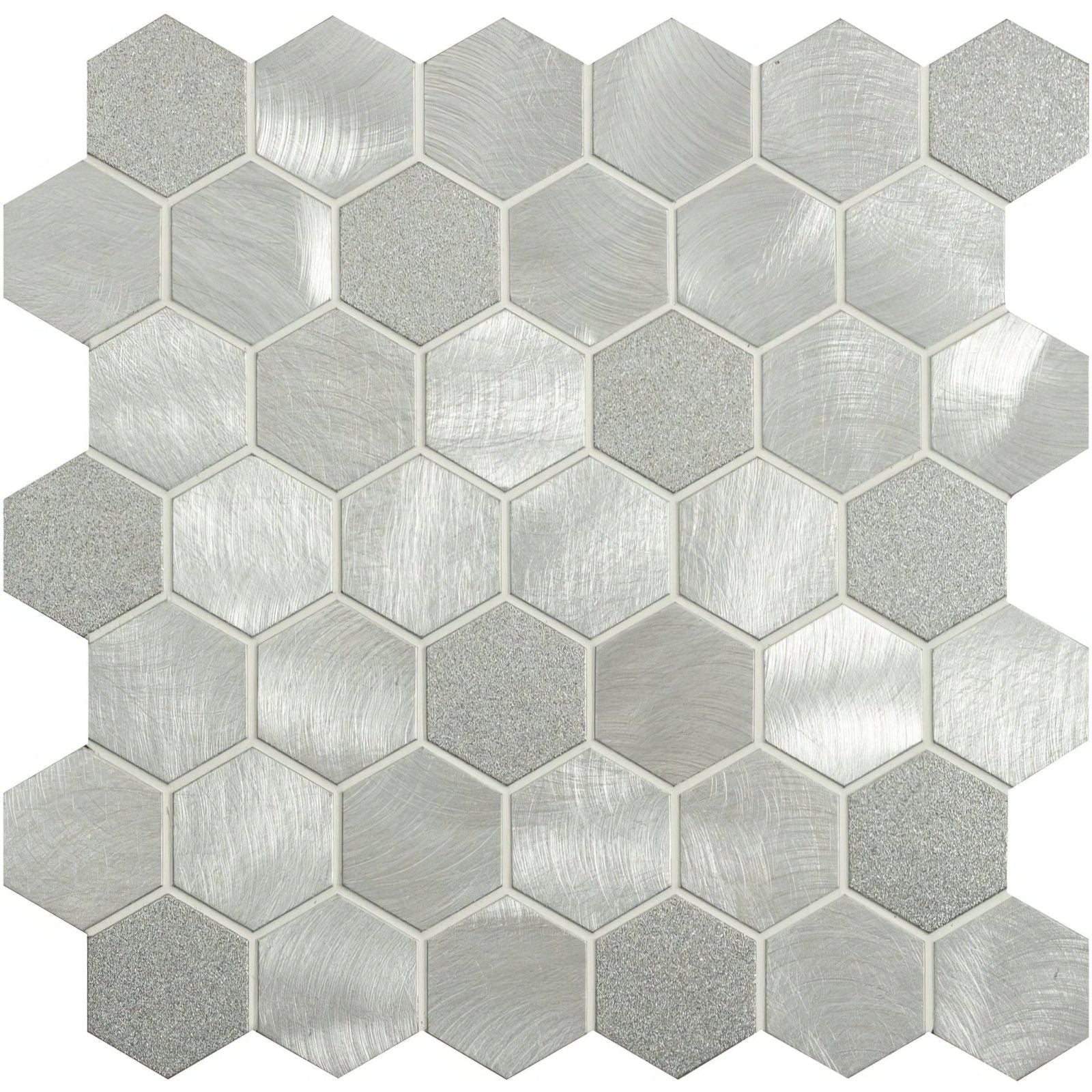 Fenrir silver mixed finish hexagon mosaic tile with brushed metallic silver hexagonal tiles and subtle glitter accents