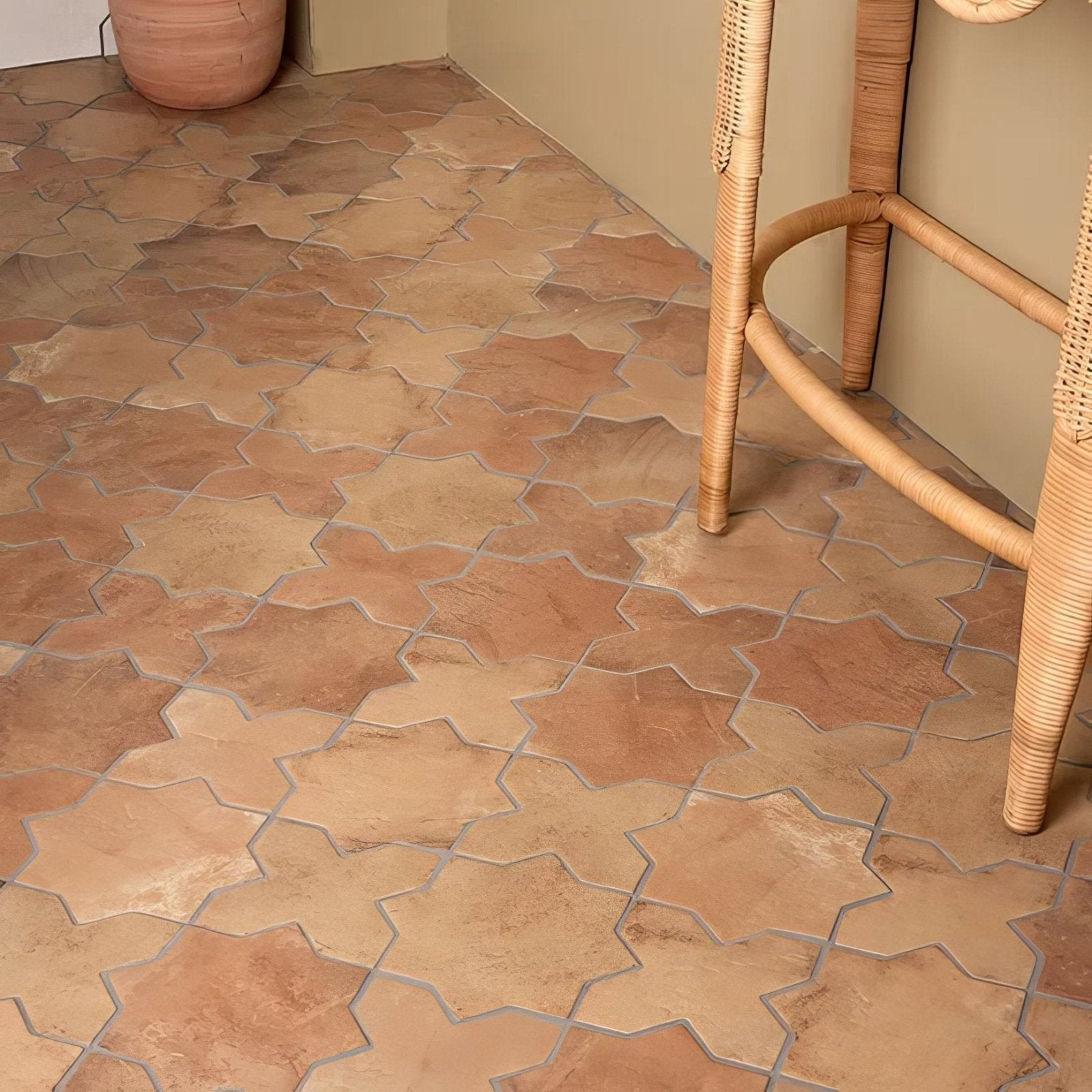 Fez porcelain cross cotto terracotta star-shaped floor tiles with warm earthy tones and subtle color variations