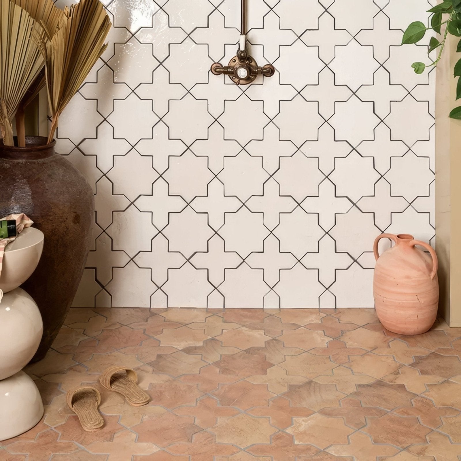 Fez porcelain cross white ceramic tiles with black geometric outlines on wall surface