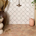 Fez porcelain cross white ceramic tiles with black geometric outlines on wall surface