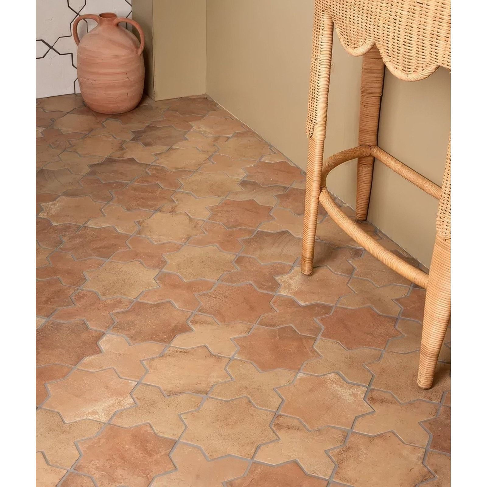 Fez porcelain star cotto terracotta star-shaped floor tiles with warm earthy tone and rustic texture
