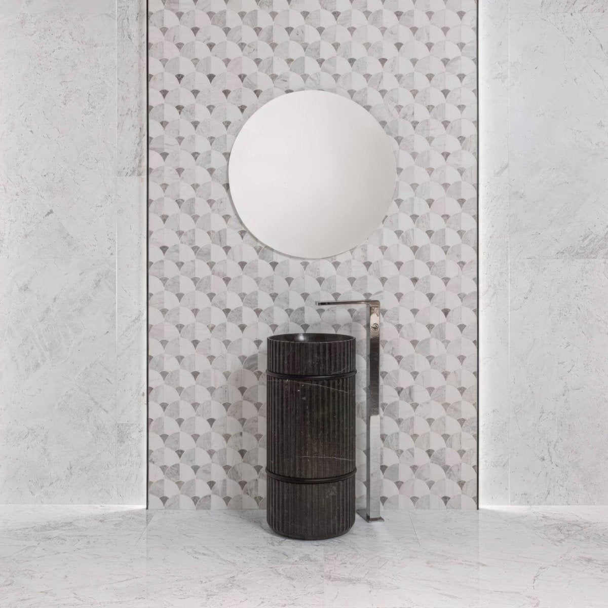 Figure Shell Light Mosaic white and grey marble fan mosaic with a dark ribbed pedestal sink