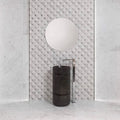 Figure Shell Light Mosaic white and grey marble fan mosaic with a dark ribbed pedestal sink
