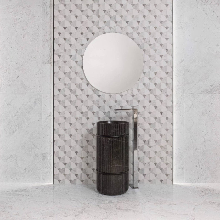 Figure Shell Light Mosaic white and grey marble fan mosaic with a dark ribbed pedestal sink