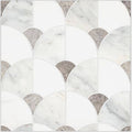 White and gray marble mosaic tile with scalloped fan-like pattern in figure shell light mosaic design