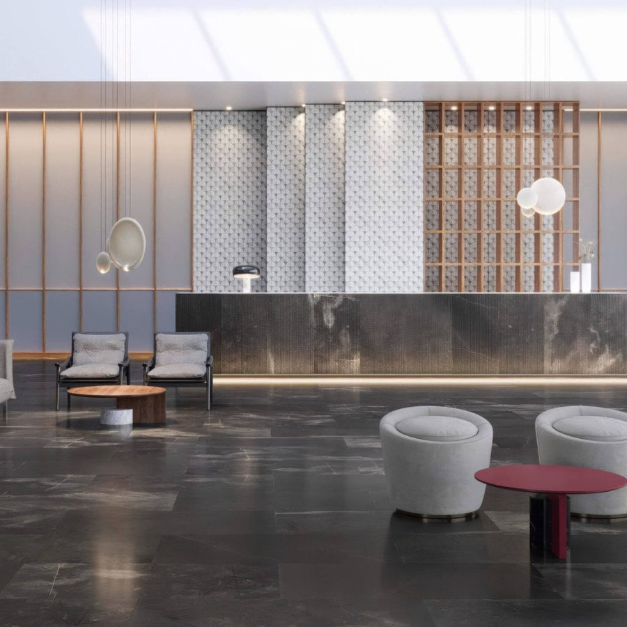 Figure Shell Light Mosaic white and grey marble fan mosaic on a reception desk