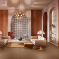 A modern figure spiral dark mosaic accent wall with gray and white geometric starburst tile patterns