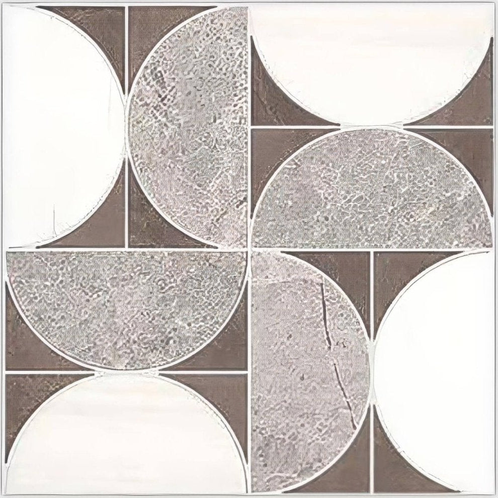 Geometric tile figure spiral dark mosaic with interlocking gray and white circles on dark brown square backgrounds