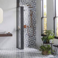 Figure Spiral Light Mosaic grey marble circle mosaic with a brass shower fixture