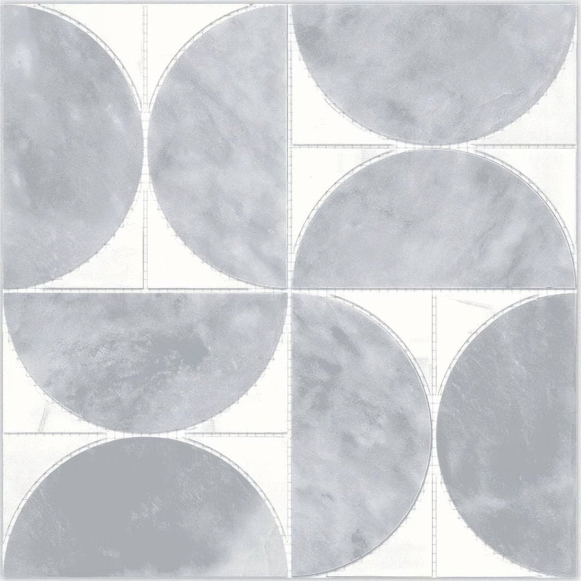 Figure spiral light mosaic gray marble tile with geometric interlocking circle pattern and white square accents