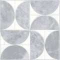 Figure spiral light mosaic gray marble tile with geometric interlocking circle pattern and white square accents