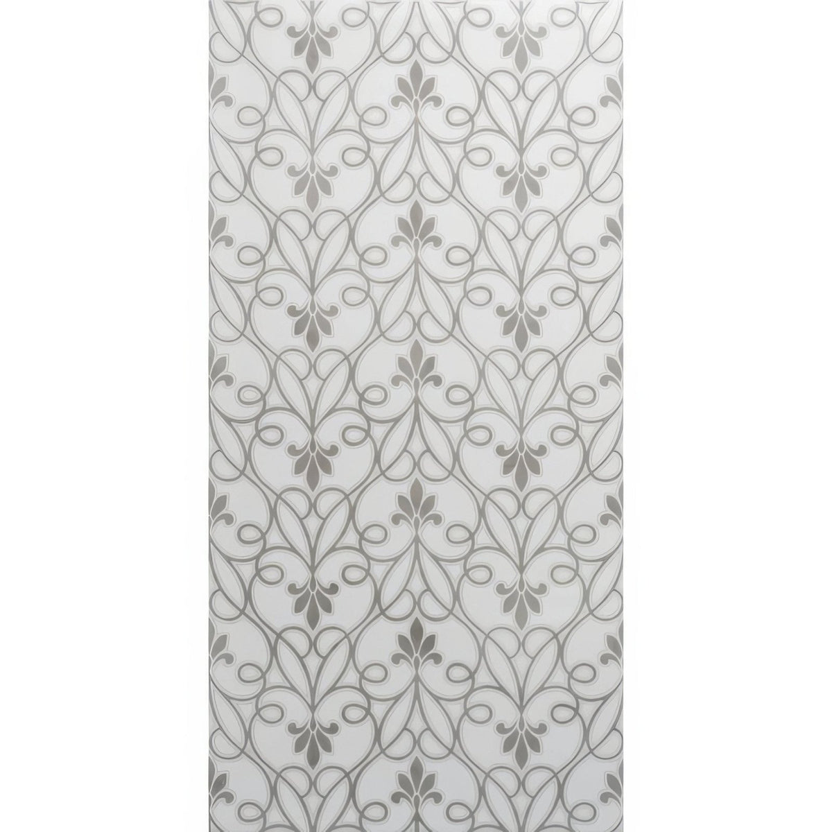 A rectangular translucent white tile palazzo filigrana 60x30cm with silver gray ornamental vine and leaf patterns