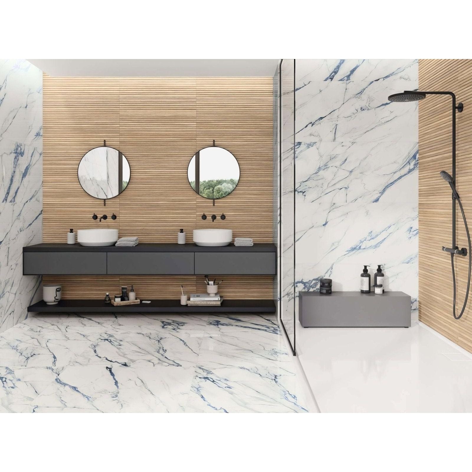 Firenze 1840 Blue Calacatta Polished white marble-effect tiles with blue veining on a bathroom vanity