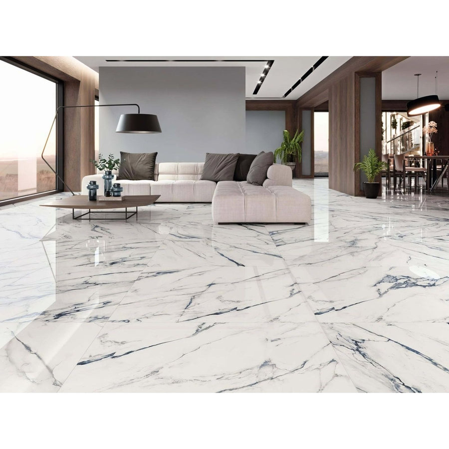 White marble floor tiles with elegant black veining in firenze 1840 blue calacatta polished finish