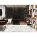 Firenze 1840 Calacatta Gold Polished marble-effect tiles in a shower enclosure with glass doors