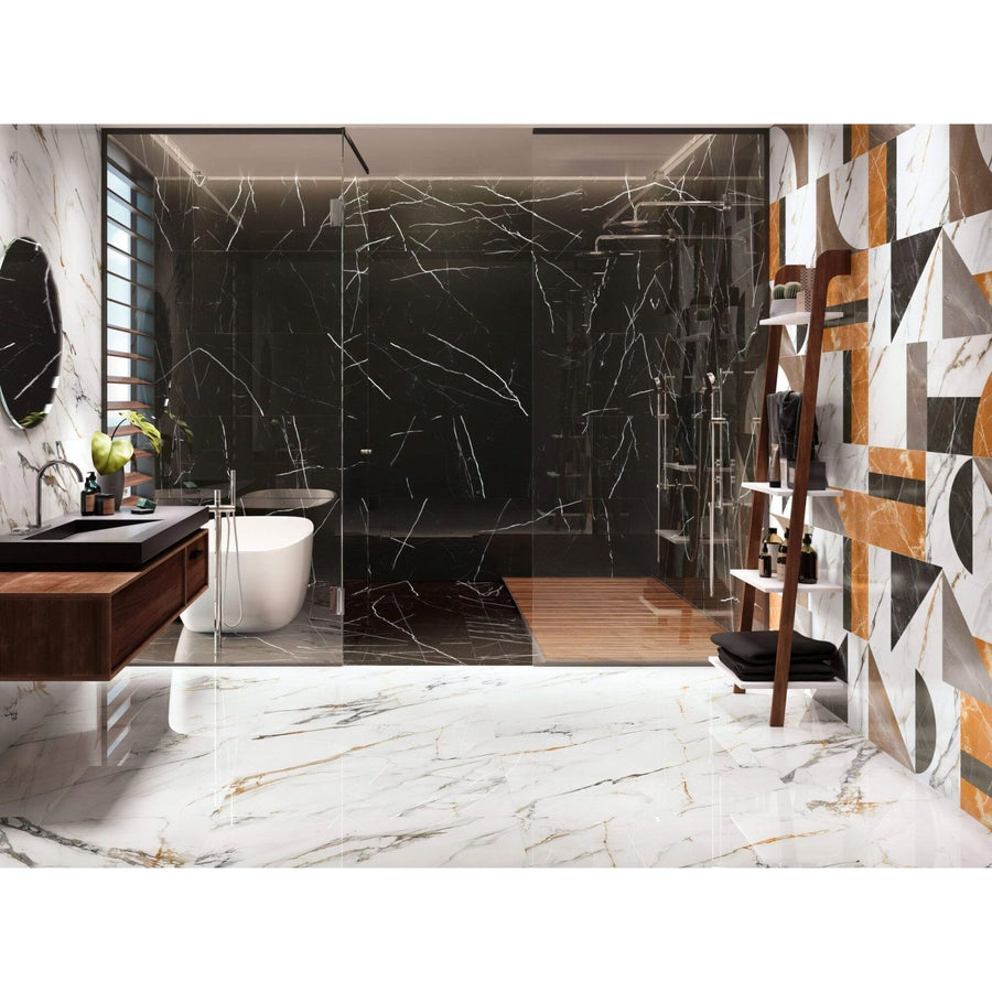 Firenze 1840 Calacatta Gold Polished marble-effect tiles in a shower enclosure with glass doors
