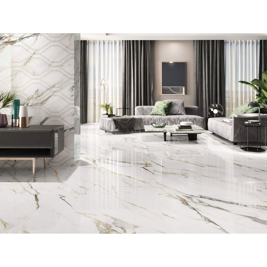 White marble-effect floor tiles with elegant gray and gold veining in firenze 1840 calacatta gold polished design