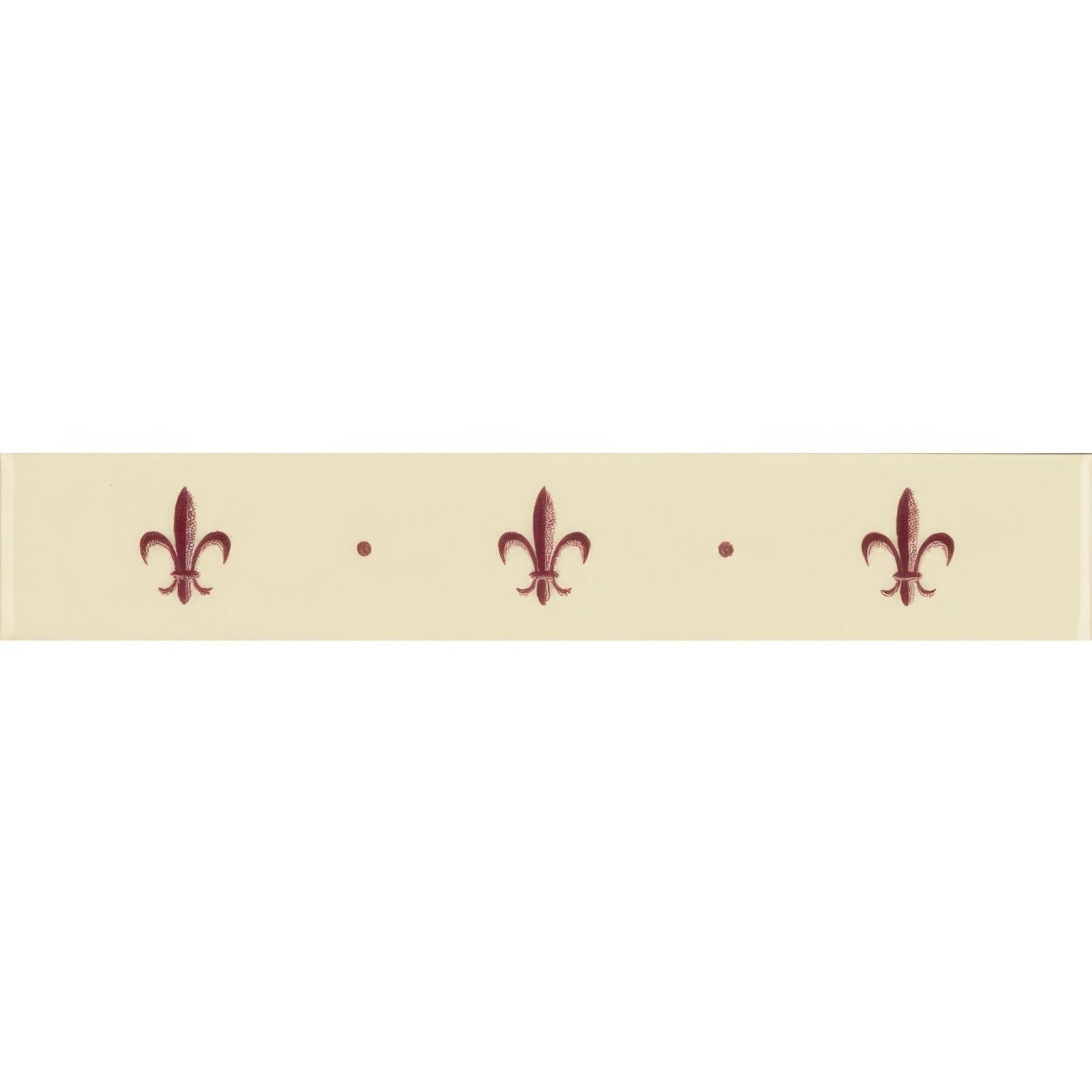Cream-colored decorative border strip with burgundy fleur de lis motifs and small dots on county white background