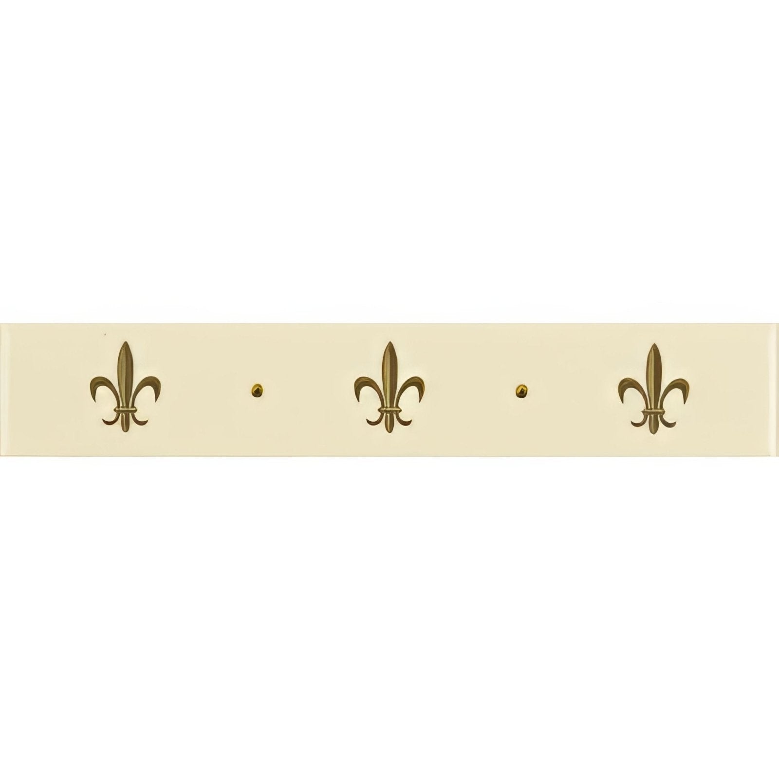 Cream-colored wall-mounted coat rack with three gold-finished fleur de lis designs and small round knobs on county white