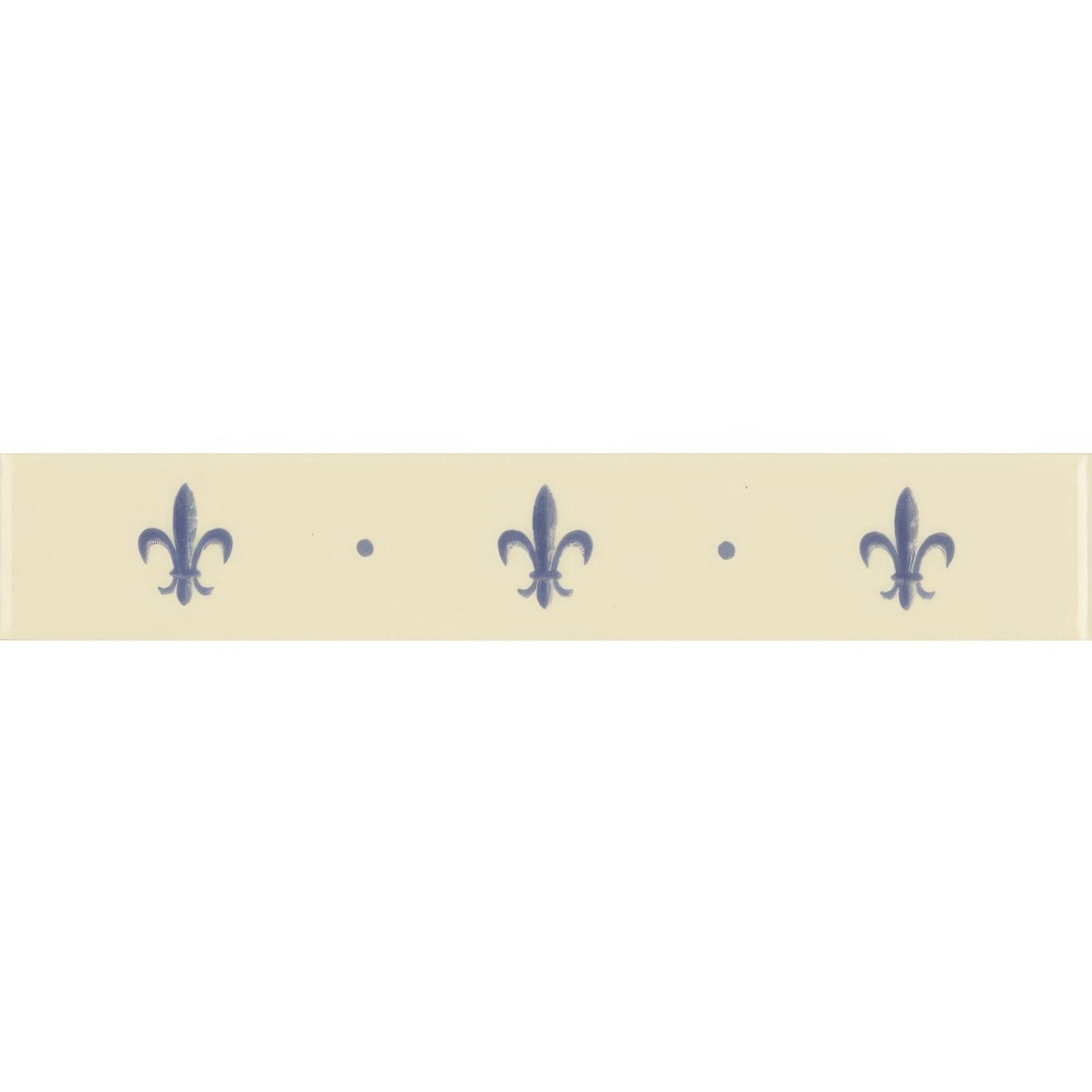 Cream-colored ceramic border tile with repeating navy blue fleur de lis motifs on county white background