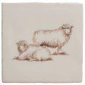 Cream-colored ceramic tile with delicate brown illustration of adult sheep and lamb flock of sheep sepia on cotton