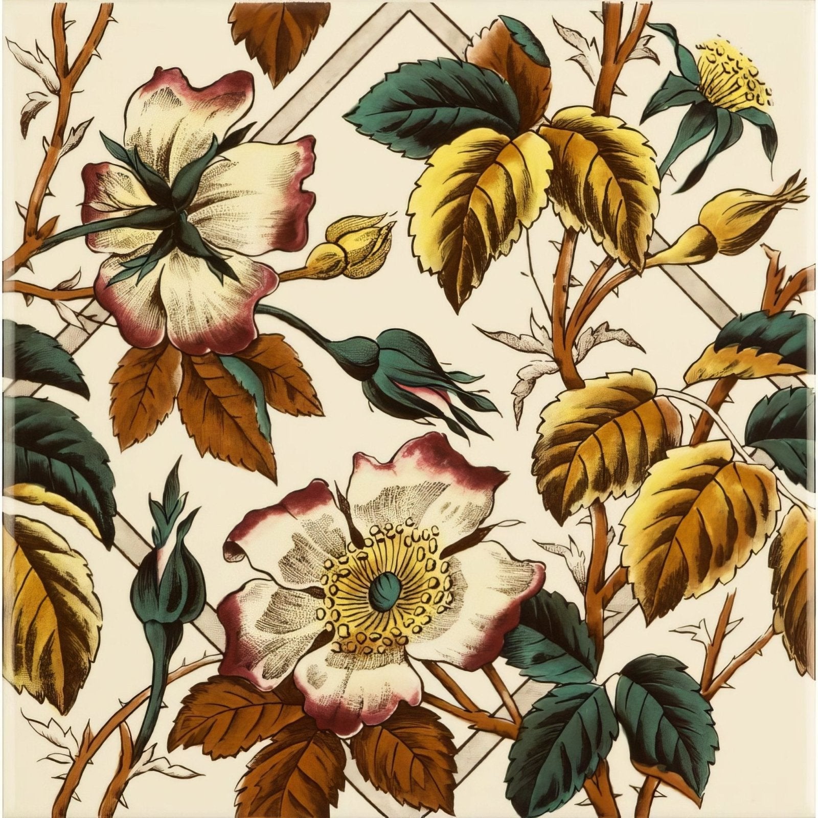 Floral trellis continuous pattern with vintage cream and maroon roses on county white beige fabric background