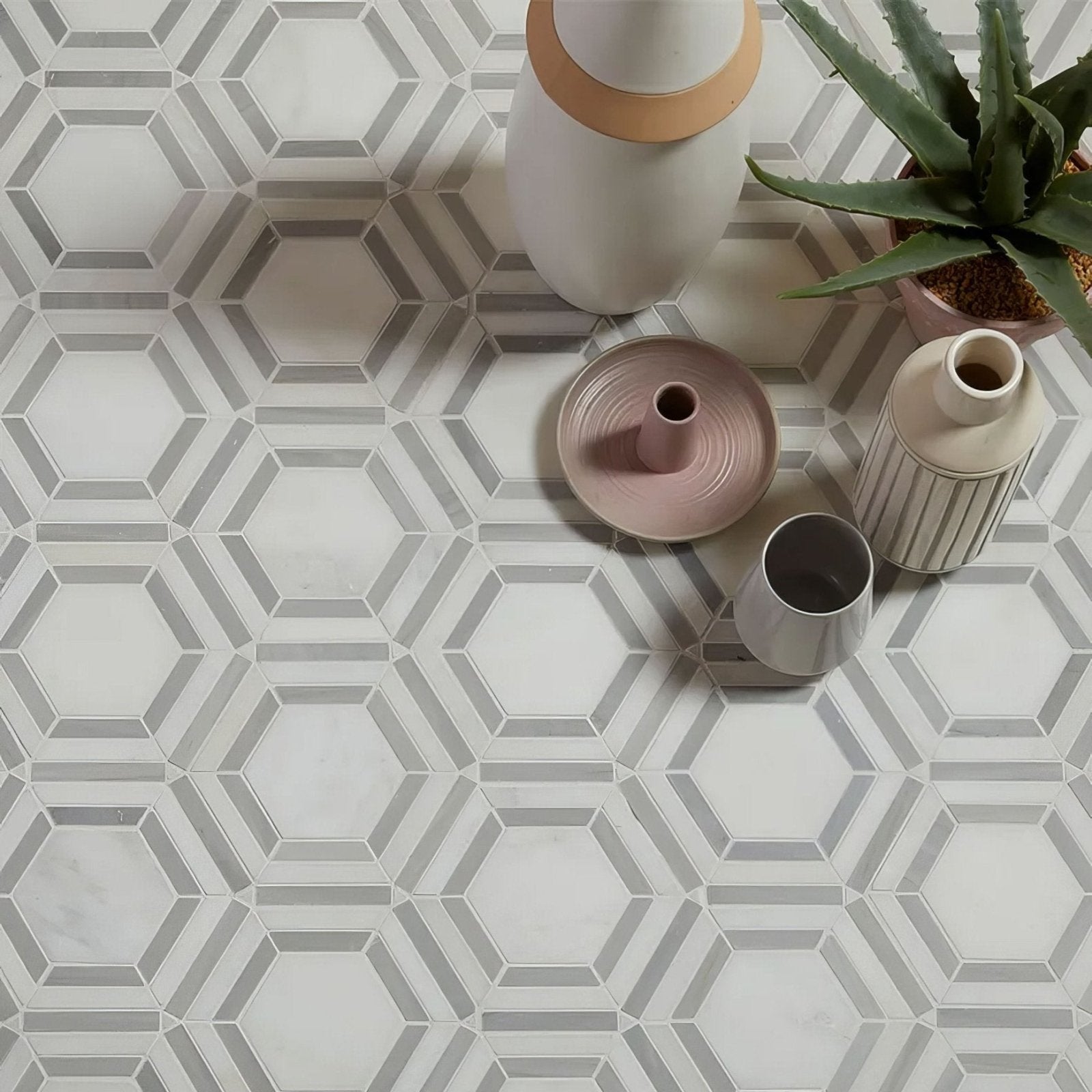 Florence marble mosaic geometric hexagonal tile with white and gray marble pattern for wall or floor use